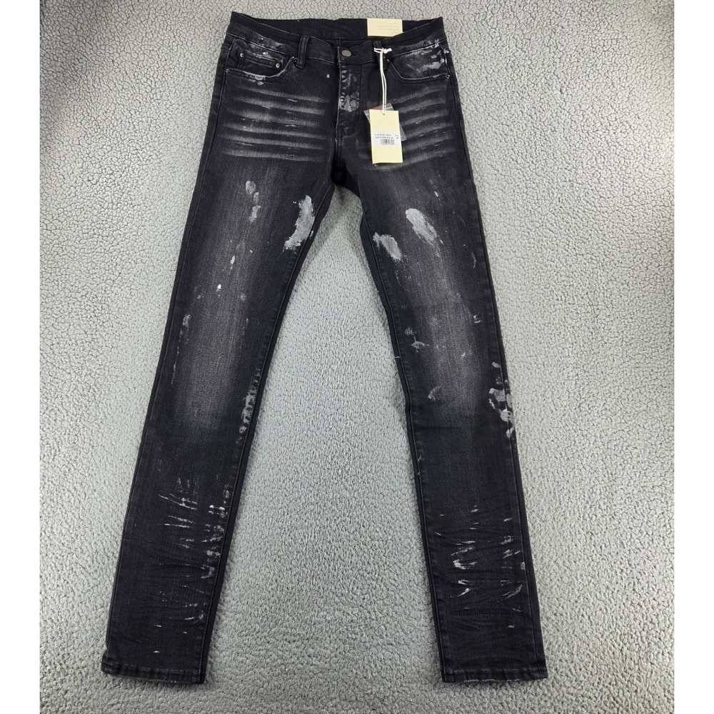 MNML X143 Jeans Mens 30 Black Silver Paint Splatter Skinny‎ Stretch Denim Grunge